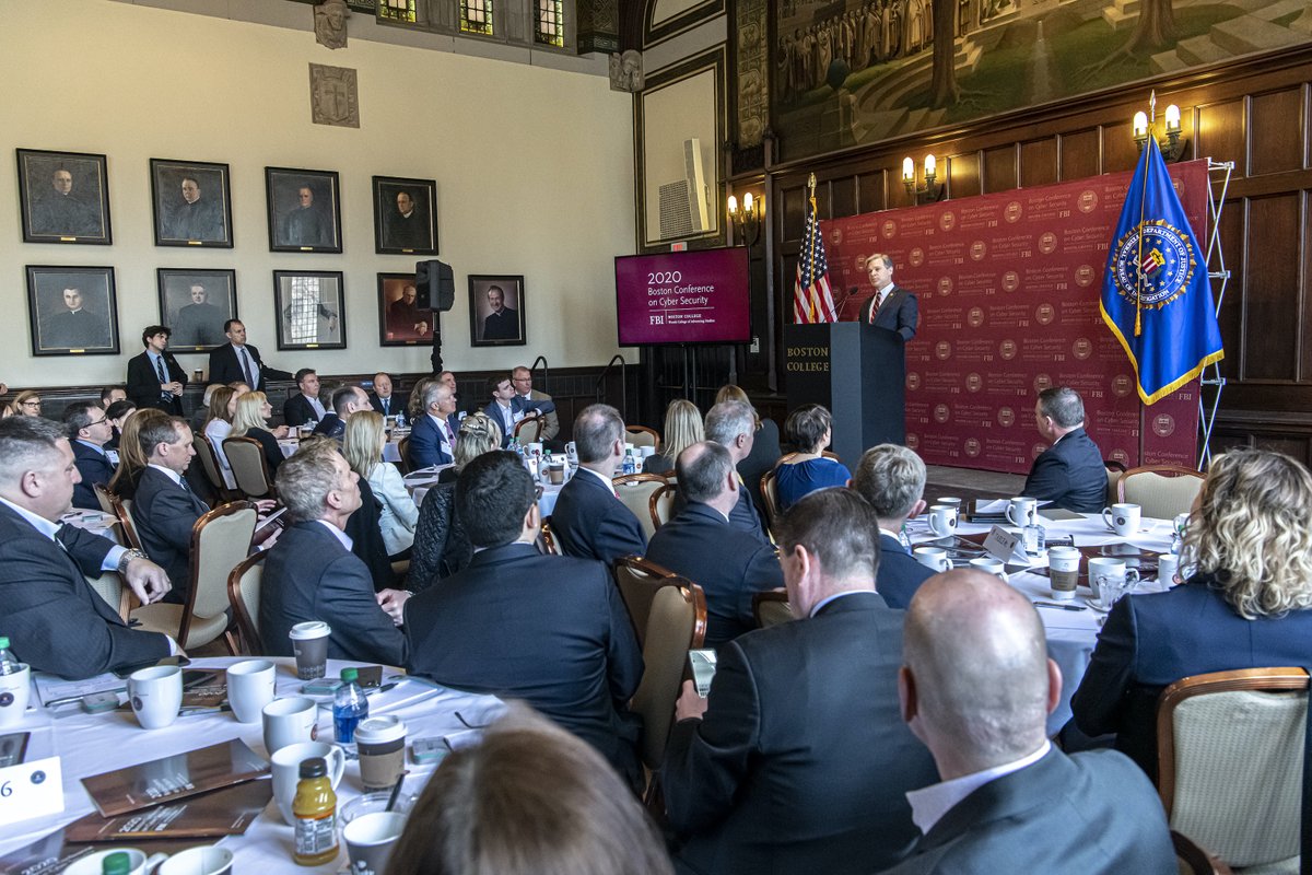 FBI's tweet photo. Today, #FBI Director Christopher Wray delivered the keynote address at the fourth annual Boston Conference on Cyber Security hosted at @BostonCollege #BCCS2020 @FBIBoston https://t.co/v9HMYM2tCx