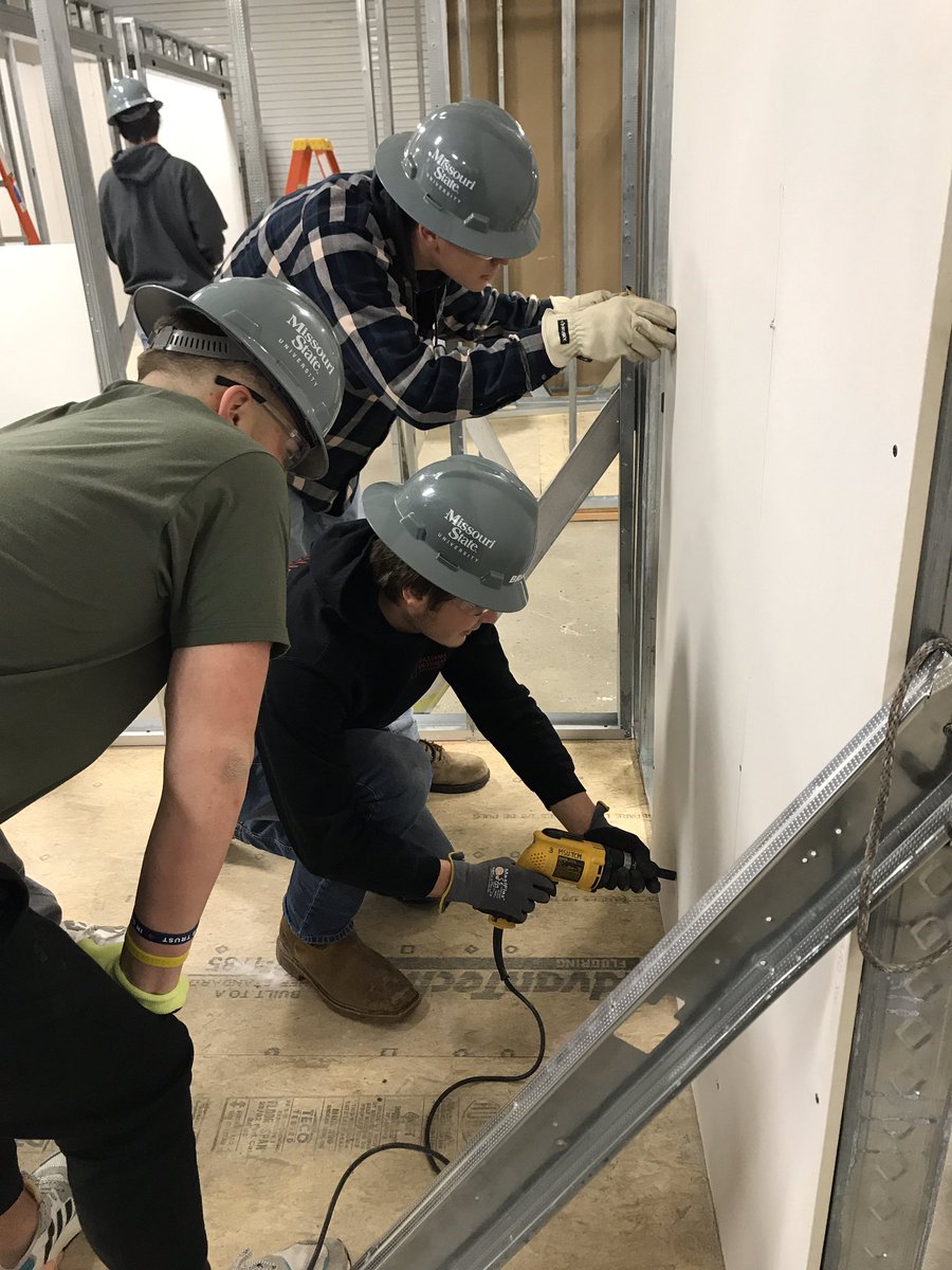 MSUCDPM's tweet photo. Construction students have been working hard this semester to build their mock-ups and get some hands on training in the lab. They are looking good and will continue to progress as the semester goes on! 
#msutcm 
#missouristateuniversity 
#constructionmanagement https://t.co/yNDRcCy3M9