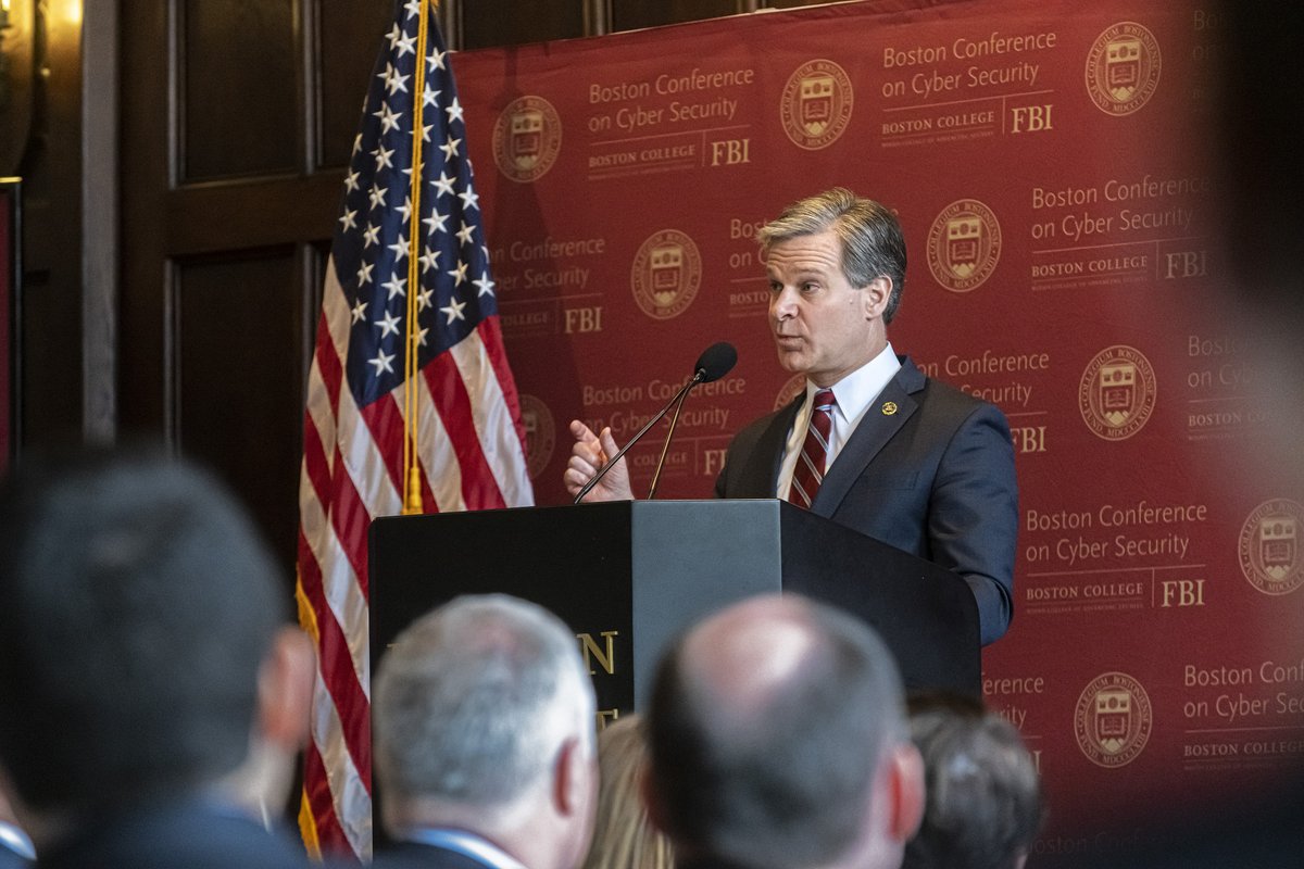 FBI's tweet photo. Wray: “There are those who say, well, you’ll never get your hands on bad guys in China, Russia, or Iran, for example. To which I say, don’t be so sure—maybe not today. But one day, they slip up, and we’re there. We’re not going anywhere...” #BCCS2020 https://t.co/YW3BdyTJyn