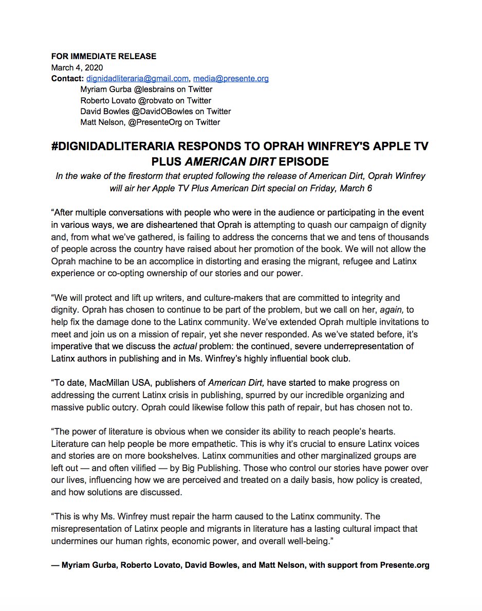 Tonight #DignidadLiteraria & @PresenteOrg respond to @Oprah @oprahsbookclub Apple TV Plus #AmericanDirt Episode. Read our full statement.