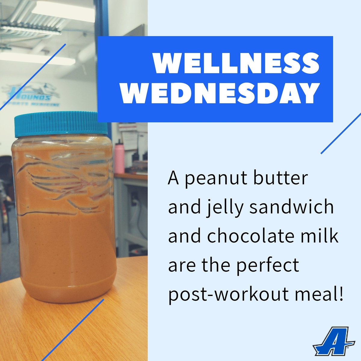 AssumptionAthTr's tweet photo. A PB&amp;J &amp; a glass of 🍫 🥛 has the 👌 ratio of carbohydrates to proteins to refuel, build muscle, &amp; recover your body!

The 🔑 is to eat 3:1 of carbs:protein 30 mins after completing exercise. The⏱️ is IMPORTANT, so plan your post-workout meals accordingly!

#nutrition #NATM2020 https://t.co/Lzst74fz8H