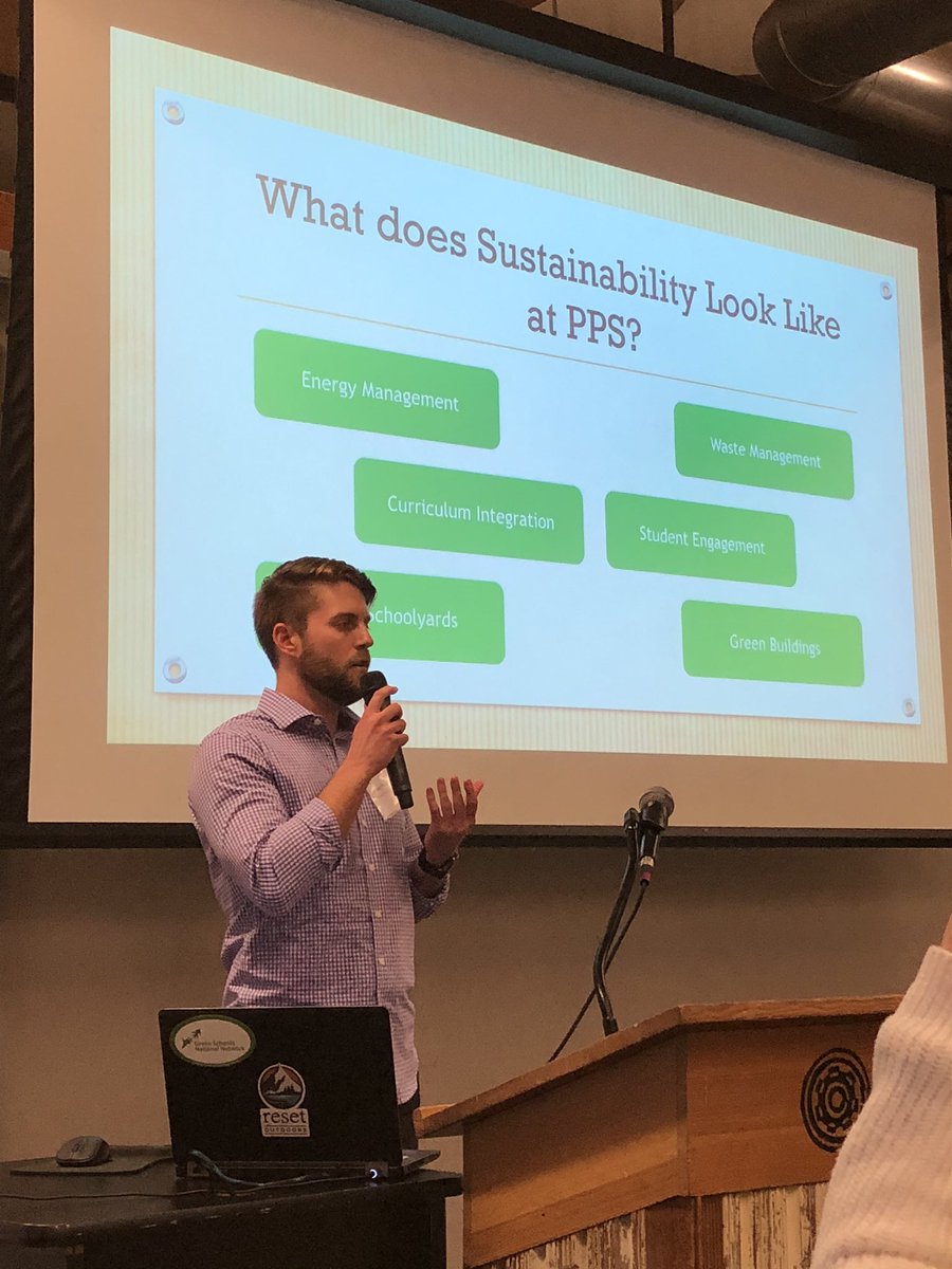 NicholeABerg's tweet photo. Aaron Presberg, PPS Program Manager for Energy and Sustainability, presenting our district’s collective effort at becoming more sustainable. It takes a team! @PPSConnect #GSCE20 #SLN2020 @greenschoolscon https://t.co/9TJuAaCmQS