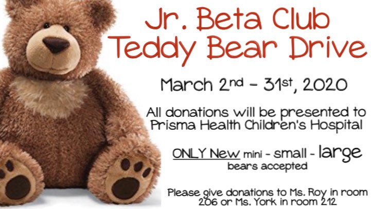 ITeach_MsYork's tweet photo. Maximize Service Monday marks the start of our month long Teddy Bear Drive at Geiger Elementary School. This is our 2nd year hosting this event where all proceeds will go to Prisma Health Children‘s Hospital. Please see attached flyer. #BetaWeek20 https://t.co/JuJvdNBB2S