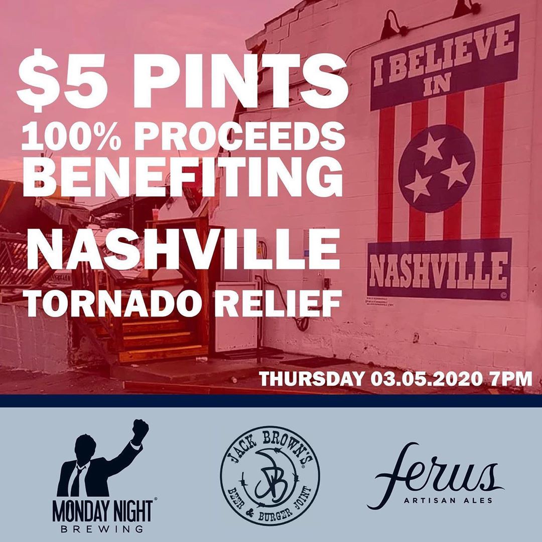 Come out to <a href="/JackbrownsB_ham/">Jack Browns</a> tomorrow - enjoy some great beers from us and our friends at Ferus Artisan Ales. Proceeds go to support the relief effort in Nashville.