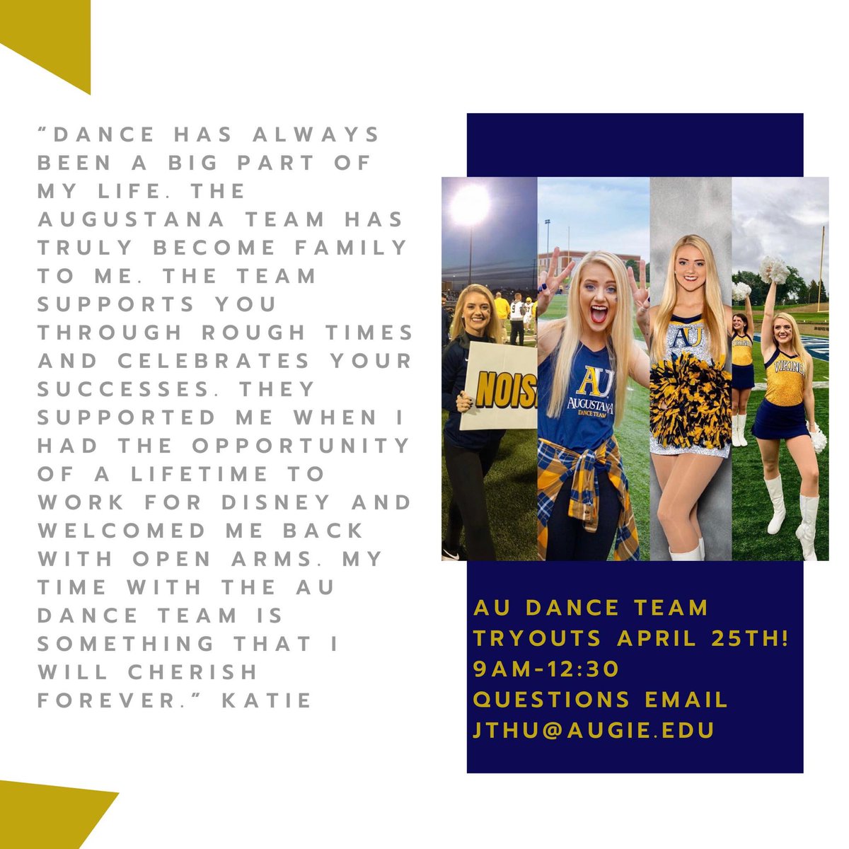 Dance team tryouts are April 25th! Join our amazing team! Tryout packet link at goaugie.com (click sports, click cheer/dance). Questions email coach jthu@augie.edu   Check out what senior Katie has to say about our team! 💛💛