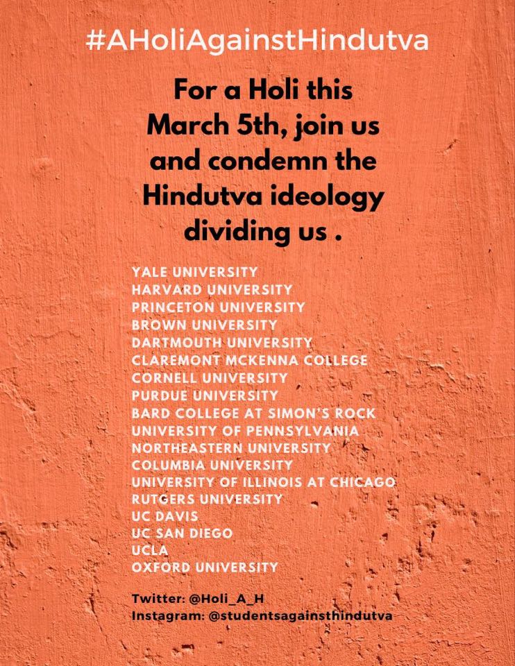 There will be #AHoliagainstHindutva protests around the country! Below is a list of schools that are holding a protest on their campus. Show up and Speak out!