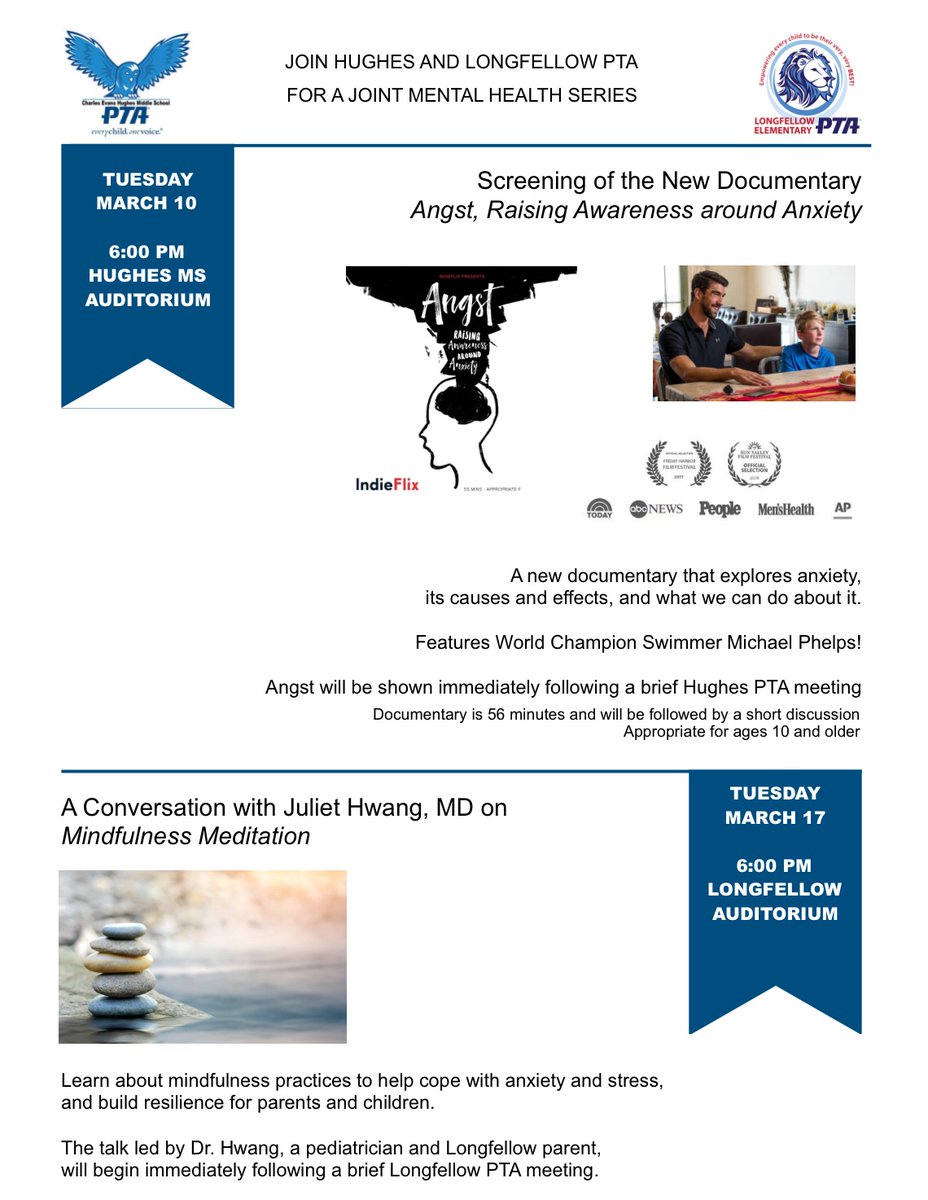 LBLongfellowPTA's tweet photo. Hughes &amp; Longfellow PTA present...
A Mental Health Series

March 10 at 6:00 PM - Hughes auditorium, free screening of documentary Angst, Raising Awareness around Anxiety. 

March 17 at 6:00 PM- Longfellow auditorium. Dr. Juliet Hwang, speak about Mindfulness Meditation. #pta4kids https://t.co/qFGdeZuM7i