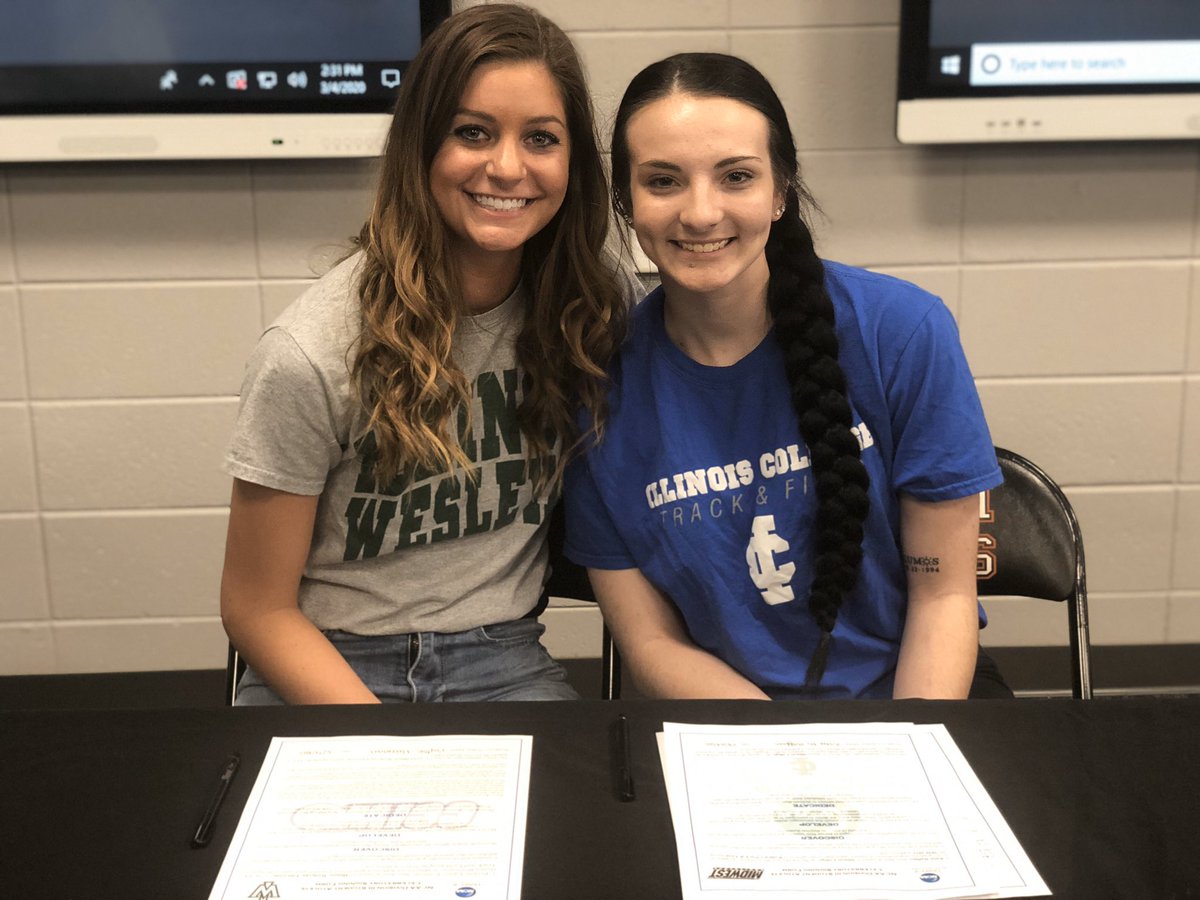 MsMartin51's tweet photo. So proud of these two ladies signing to compete in track and field at the college level! Peyton signed with Illinois Wesleyan University and Katie signed with Illinois College. Way to go ladies!!  #ibtigerpride https://t.co/ujwzSiDr3Q