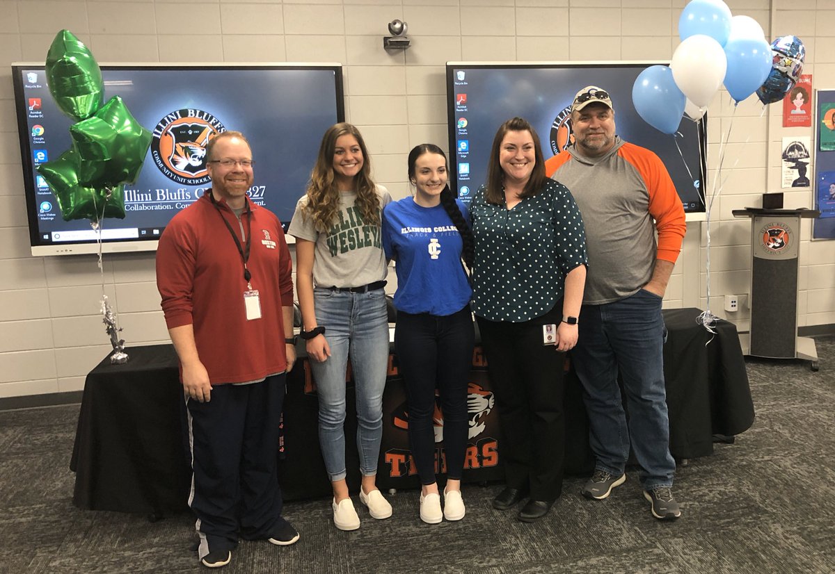 MsMartin51's tweet photo. So proud of these two ladies signing to compete in track and field at the college level! Peyton signed with Illinois Wesleyan University and Katie signed with Illinois College. Way to go ladies!!  #ibtigerpride https://t.co/ujwzSiDr3Q