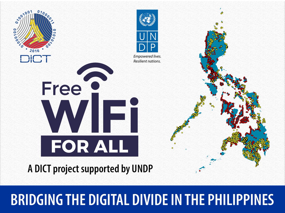 UNDPPH's tweet photo. The DICT-UNDP Free Wi-Fi for All project has 3 goals: enhance teaching and learning, deepen civic engagement in government processes, and increase opportunities for economic development!
#FreeWiFi4All #AngWiFiNatin #DigitalInclusion https://t.co/mgFdPXDieM
