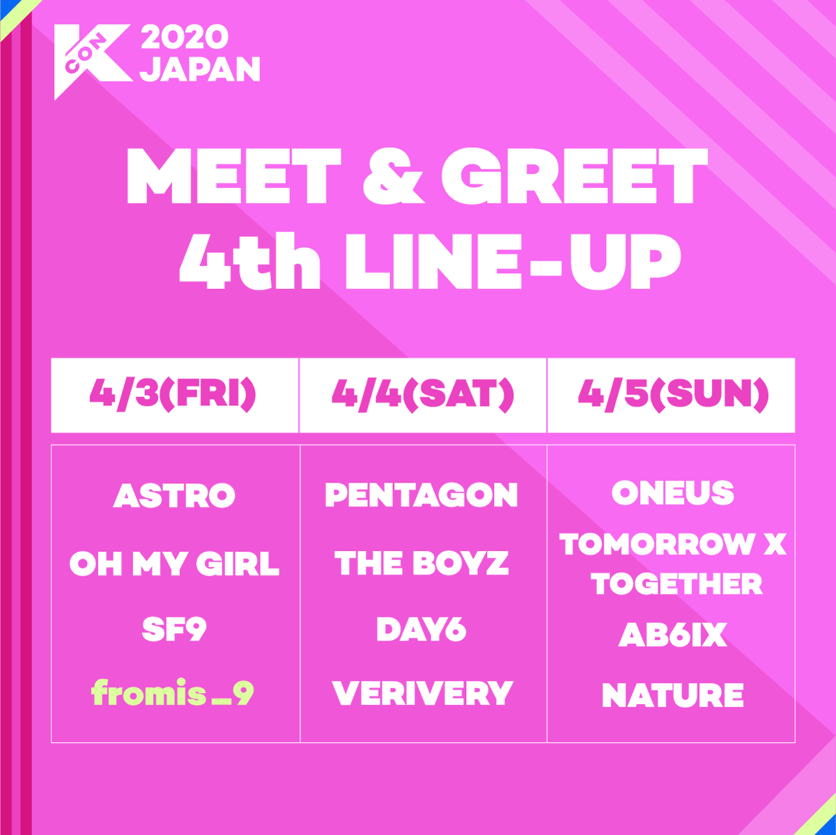 KCON_official's tweet image. [#KCON2020JAPAN] M&amp;amp;G Artists 4th LINE-UP!

Don't miss the chance to meet the artist closely at #KCONJAPAN

✔️April 3 (Fri) #fromis_9

▶ kconjapan.com/ticket

#KCON #LETSKCON #KCON2020 #KCON20JP