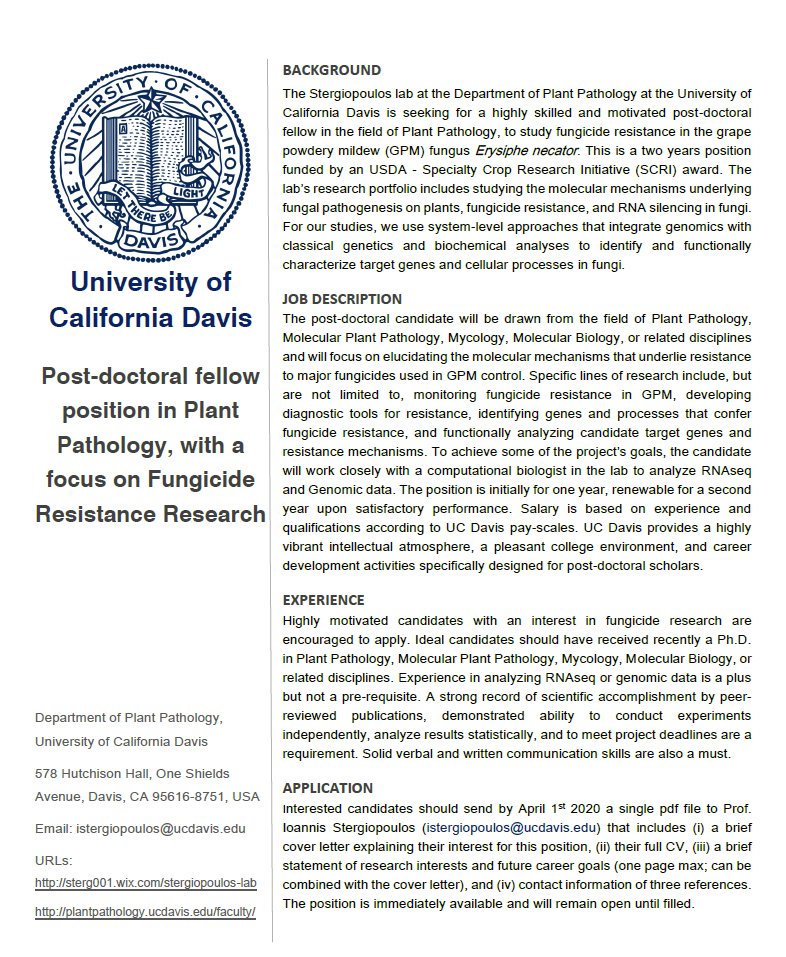 A second post-doctoral position is immediately available in my lab in the field of Plant Pathology. Please RT!