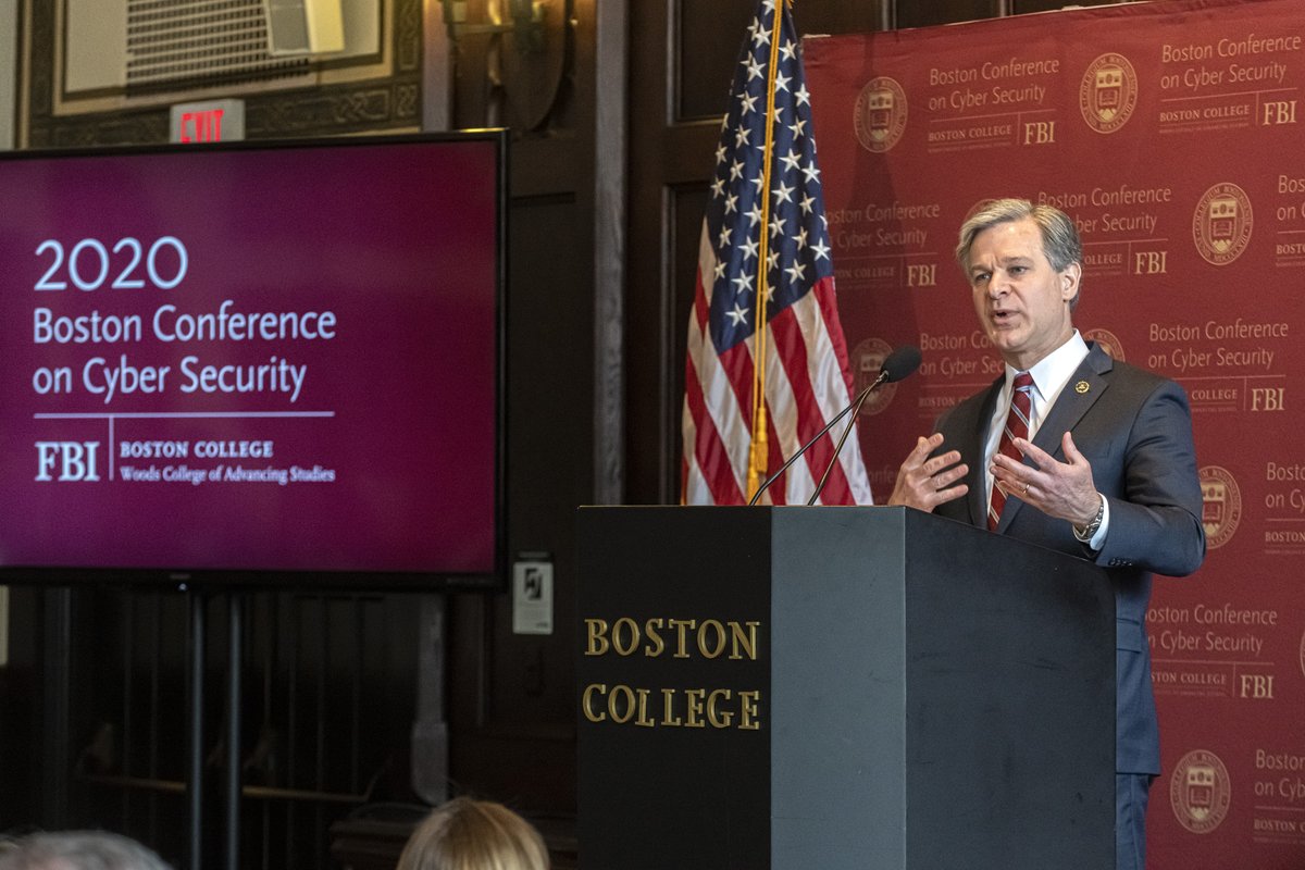 FBIBoston's tweet photo. Director Wray: “When thinking about cybersecurity, people often focus on tech fixes. But our experience shows the human factor is equally important – and that trust built over time is key to effective information-sharing between government and industry.”@BostonCollege #BCCS2020 https://t.co/2SxZv5xT50