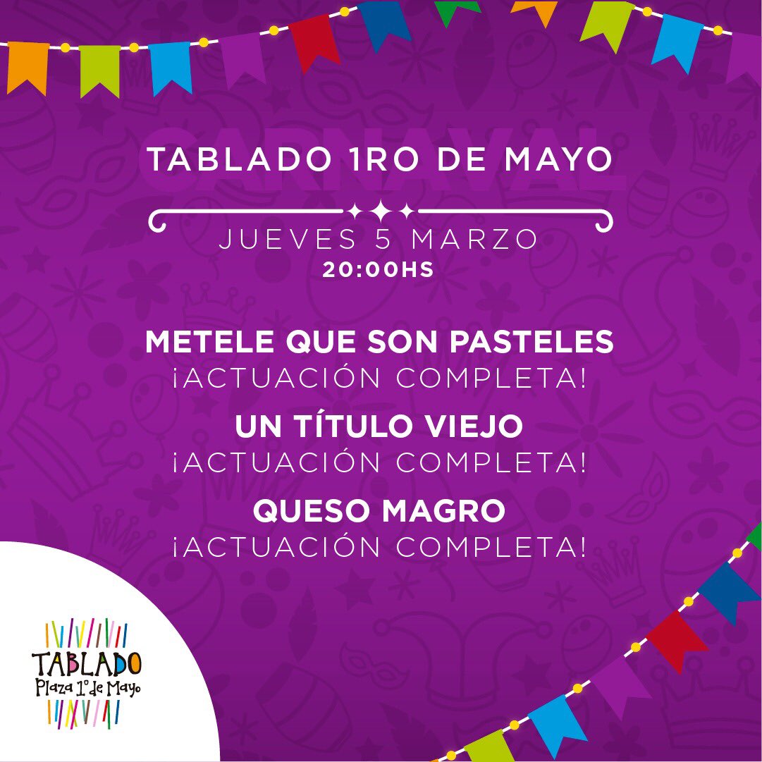Este JUEVES 5 DE MARZO el Tablado 1ero de Mayo se viste de gala con las actuaciones completas de:

- METELE QUE SON PASTELES
- UN TÍTULO VIEJO
- QUESO MAGRE

Si es Carnaval es en el Tablado 1ero de Mayo.🎭 

🎟COMPRA YA TUS ENTRADAS en reduts.com.uy y puntos de venta.