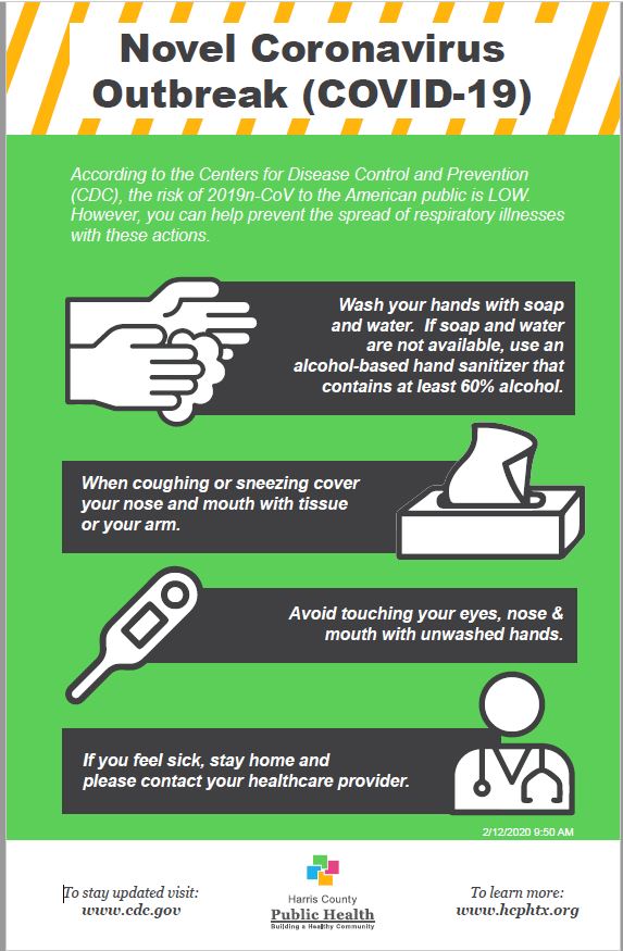 CityofTomball's tweet photo. Wash Your Hands / Cover Your Mouth / Don’t Touch Your Face

It's important to remain calm, continue our daily routines, and take the simple preventative measures outlined in the attached flyer from Harris County Public Health. https://t.co/r824ZgCDmr