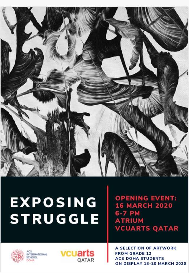 Kelli_Cody's tweet photo. Gr 12 Art exhibition is on display soon. Opening evening: Monday 16 March, 6-7 pm @VCUQatar in the Atrium. Come support these awesome @ACS_Doha_School @ACSintschools #ACSDoha #visualarts #LifeatACS #acsinternationalschools #communityconnections https://t.co/Q24pzHVTOM