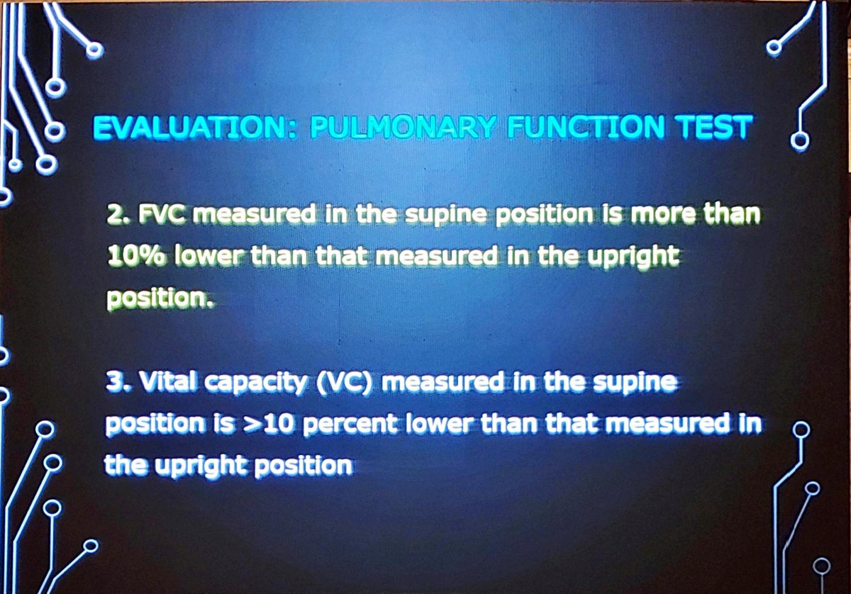 onatsmd's tweet photo. A reduction of 10% in the FVC when done supine, is diagnostic of diaphragmatic muscle weakness. #PCCP2020 https://t.co/I1l03nFWjS