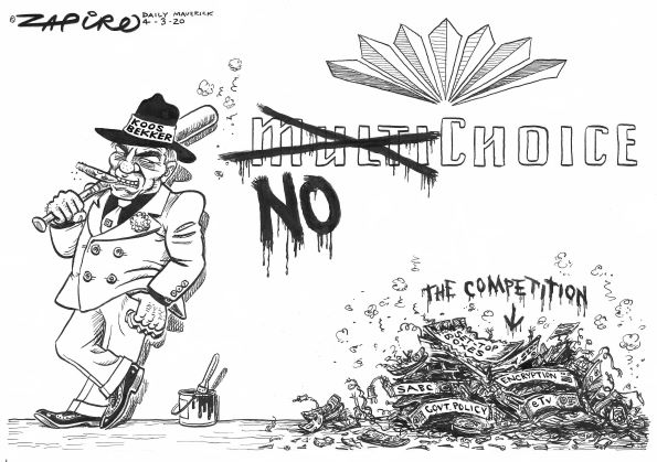 Zapiro's cartoon <a href="/dailymaverick/">Daily Maverick</a>  (4 March 2020) on MultiChoice <a href="/MultiChoiceGRP/">MultiChoice Group</a> @MultiChoiceSA <a href="/DStv/">DStv</a> <a href="/MNet/">M-Net</a> @SABCNewsOnline - zapiro.com/200304dm