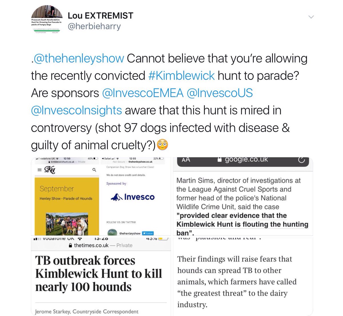Bernice55J's tweet photo. @thehenleyshow .@thehenleyshow Cannot believe you’re allowing the recently convicted #Kimblewick hunt to parade! Are sponsors @InvescoEMEA @InvescoUS @InvescoInsights aware that this hunt is mired in controversy? They shot 97 dogs infected with TB &amp; are guilty of illegal hunting/animal cruelty? https://t.co/jKh3g1ttwD