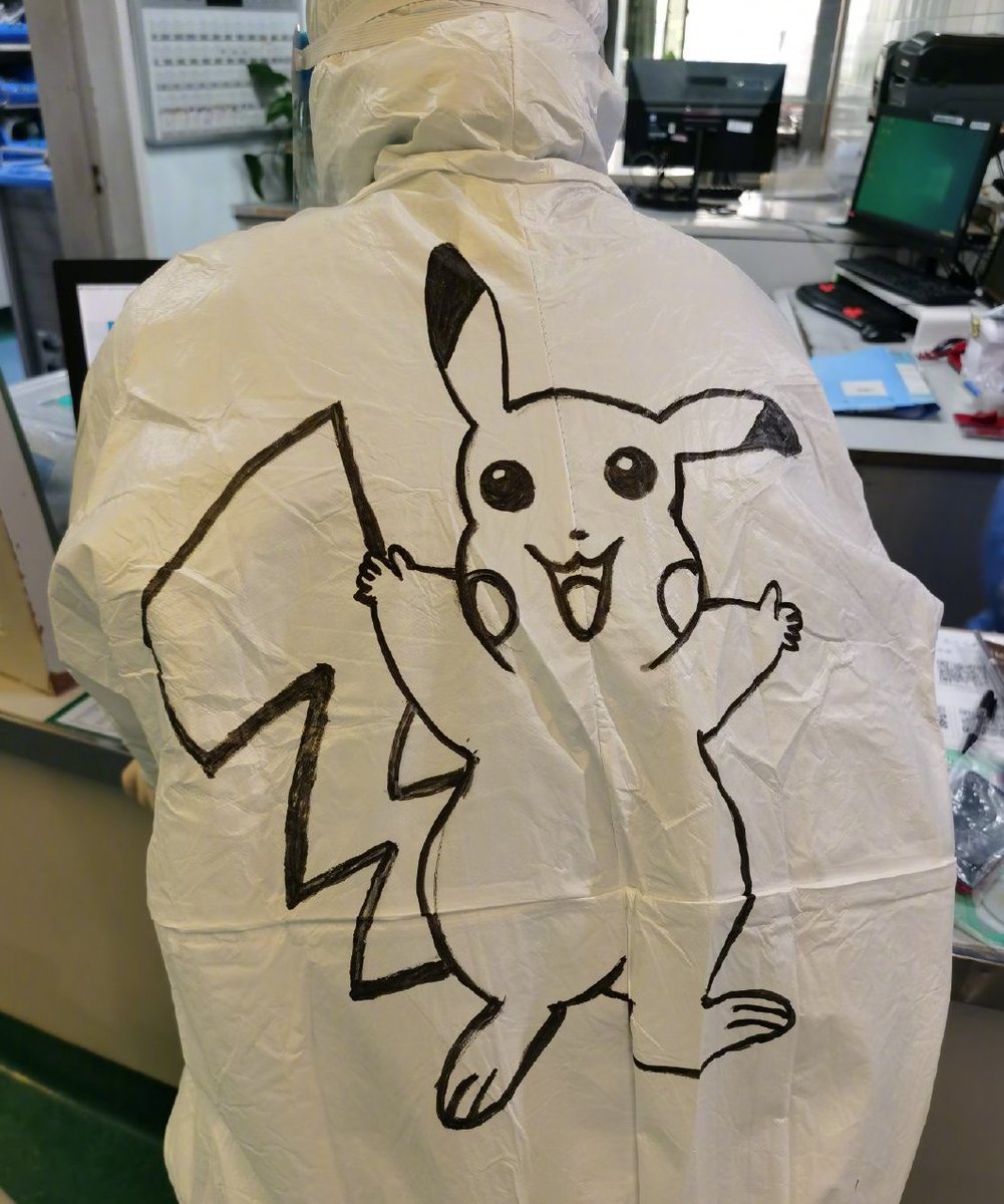 yicaichina's tweet photo. A nurse from Wuhan, the epicenter of the #COVID19 outbreak, has been drawing cartoons on the back of her colleagues’ hazmat suits to ease the tension on the frontlines. Some of her drawings include popular cartoon characters #SailorMoon, #PeppaPig and #Pikachu. https://t.co/B3ZMGn8eQm