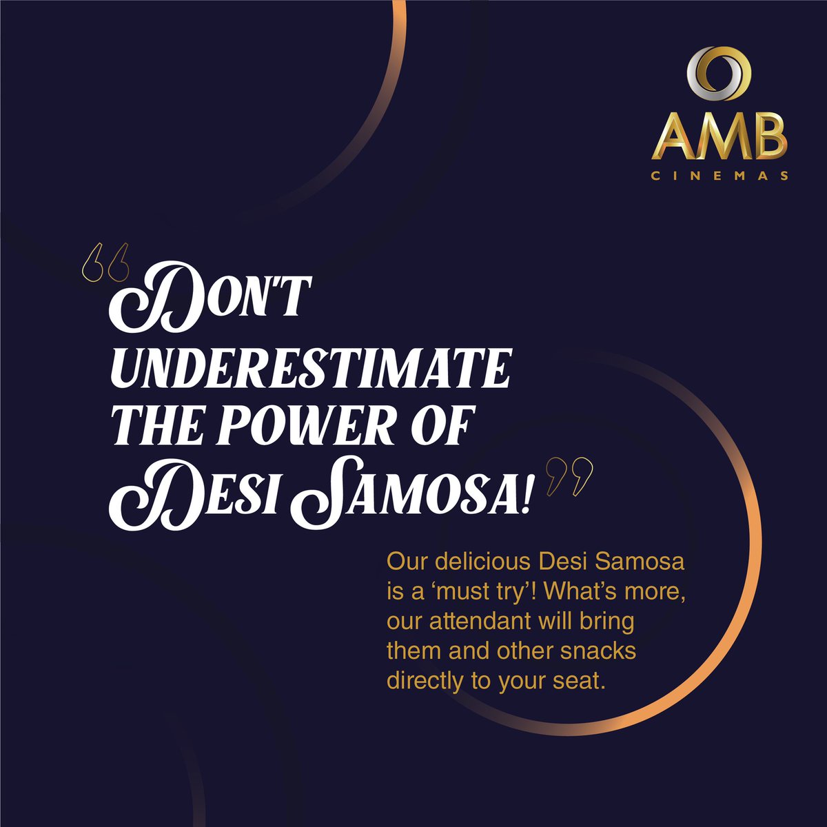 amb_cinemas's tweet photo. Don't miss a scene for samosas! Simply give your order to an attendant and get delicious samosas to munch on while you enjoy your movie. You can also choose one of our amazing combos and get them delivered to your seat! #AMBCinemas #TheAMBExperience #OnSeatDelivery #SuperCombos https://t.co/SFtAKOylpr