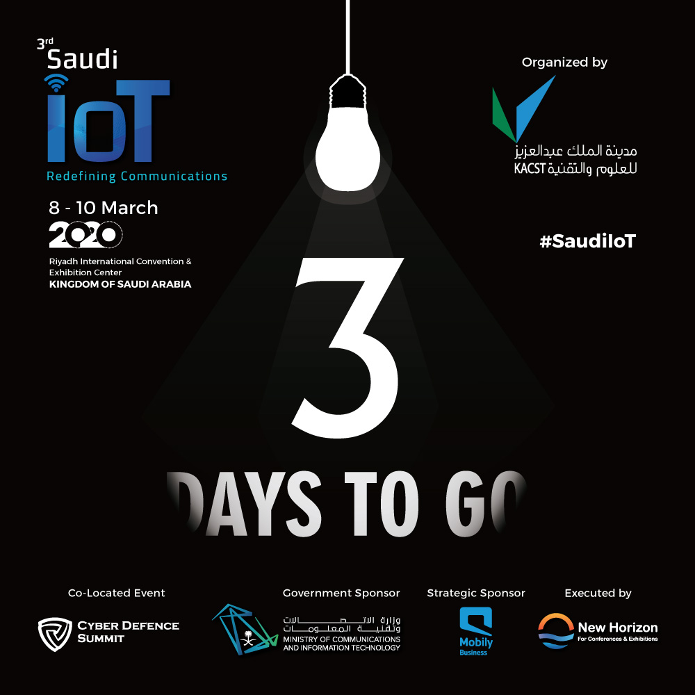 saudiiot's tweet photo. 3 days to go….!!! #SaudiIoT the BIGGEST Technology Event #SaudiIoT organized by @KACST sponsored by @McitGovSa &amp; executed by New Horizon. 
Join us in #RedefiningCommunications from 8-10March @ricec_sa #IoT #AI #BlockChain #Cybersecurity #Industry4.0 https://t.co/on116Gddzd