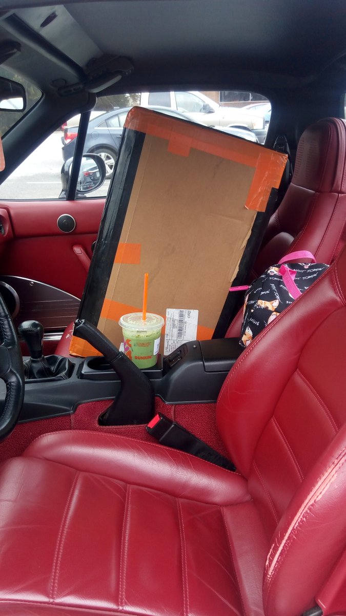 kranberrijam's tweet photo. Bonus pic of the shipping box in my poor tiny Miata. #SmallCarProblems https://t.co/Y2oOeiXl4R