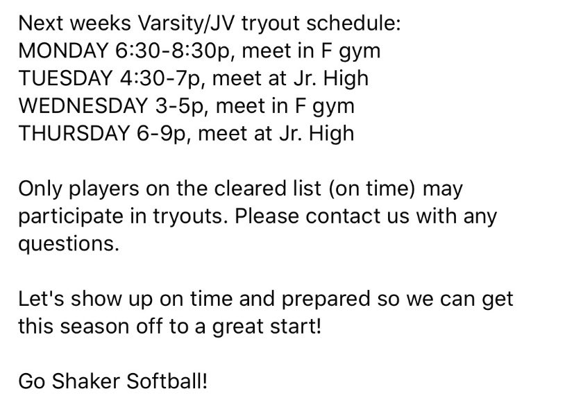ShakerGirlsSb's tweet photo. ATTENTION ALL GIRLS INTERESTED IN TRYING OUT FOR V/JV SOFTBALL!!! 🚨🚨🚨 TRYOUTS BEGIN MONDAY 3/9  POSTED BELOW IS THE TRYOUT SCHEDULE https://t.co/GMnQ3KtyYp