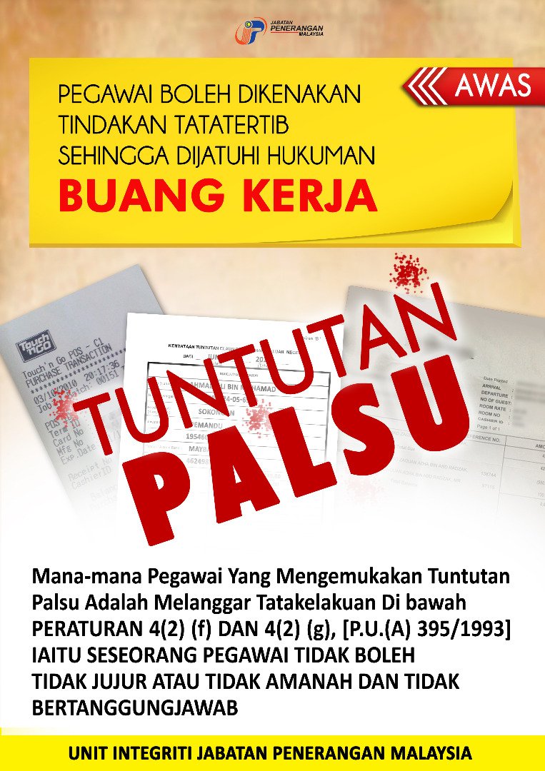 Jabatan Penerangan Malaysia On Twitter Tuntutan Palsu Pegawai Boleh Dikenakan Tindakan Tatatertib Sehingga Dijatuhi Hukuman Buang Kerja Sumber Unit Integriti Jabatan Penerangan Malaysia Jabatanpenerangan Sayangimalaysiaku Https T Co