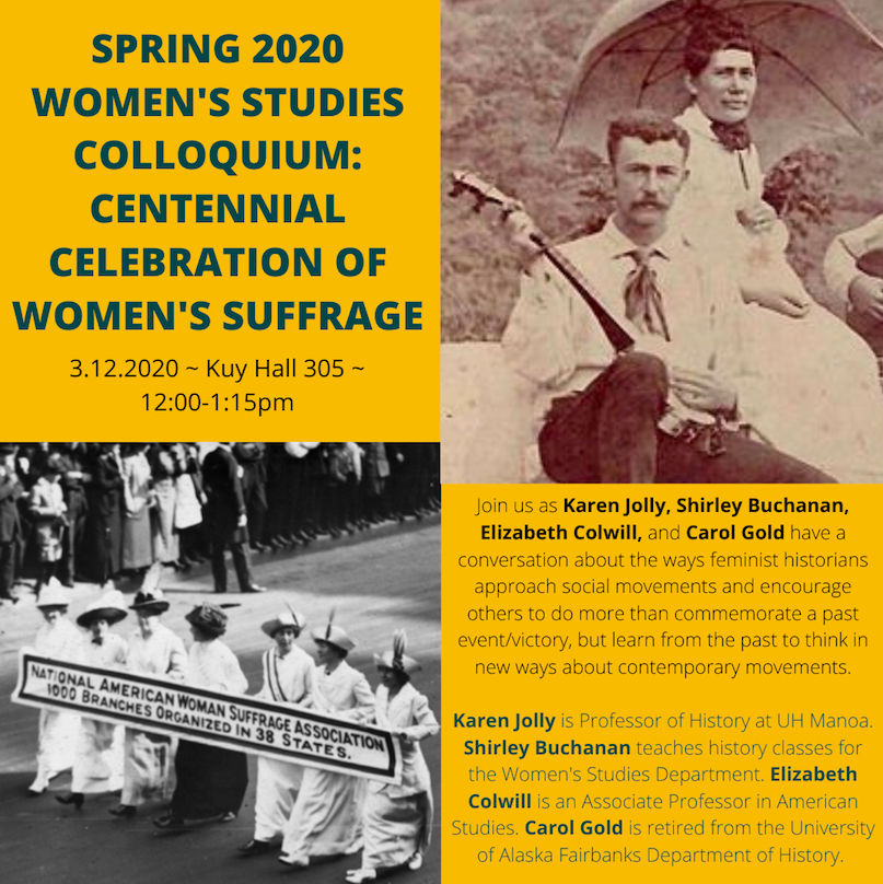 on_ws_studies's tweet photo. Please join us next Thursday (March 12) for our March WS colloquium, celebrating the centennial anniversary of women's suffrage. See flyer below for more details: https://t.co/9ti4CPbHbg
