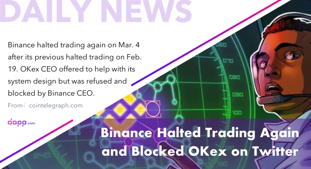 dapp_com's tweet photo. One of the world's biggest #crypto exchange @binance halted trading again on Mar. 4 including trading, asset transfer etc. Do you feel safe about your #cryptocurrency asset in centralized exchange? 

#blockchain $btc $eth https://t.co/tdM03VOiGt