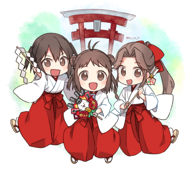 jintsuu (kancolle) ,naka (kancolle) ,sendai (kancolle) torii multiple girls hair bun double bun hamaya 3girls miko  illustration images