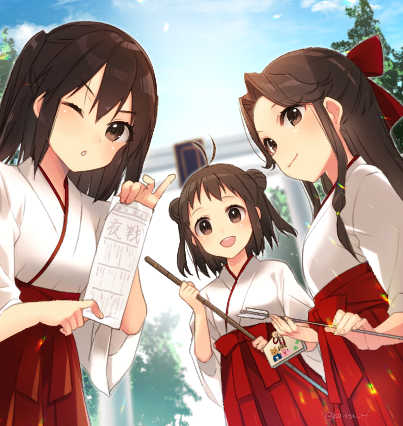 jintsuu (kancolle) ,naka (kancolle) ,sendai (kancolle) torii multiple girls hair bun double bun hamaya 3girls miko  illustration images