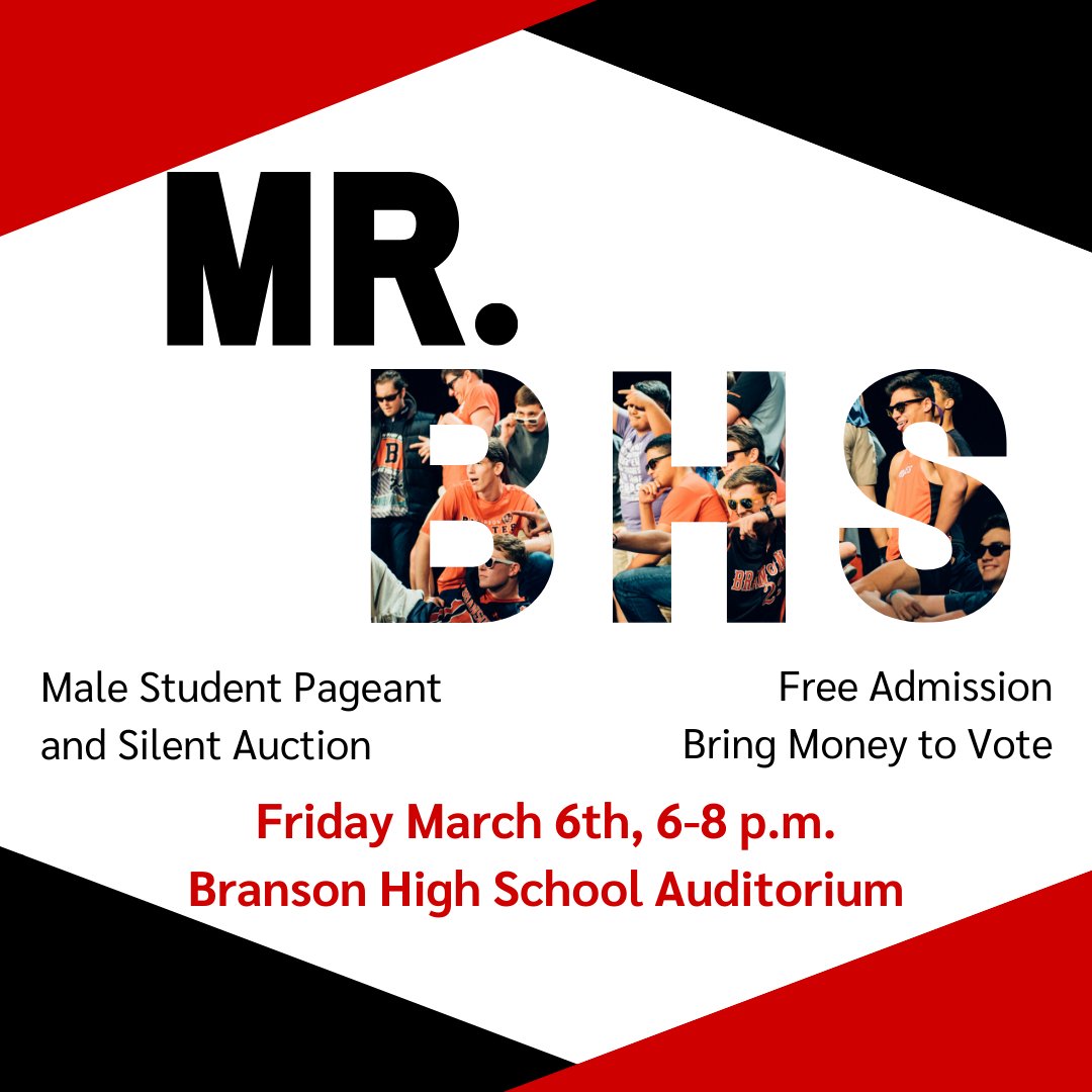 bransonhsstuco's tweet photo. Don't miss Mr. BHS this Friday (Doors open at 5:30). We have 27 contestants and over $1000 in silent auction items, including donations from the Kansas City Chiefs, Andy B's, State Park Marina, Silver Dollar City, and many more! 
@BransonPirates @bransonschools #WeAreBranson https://t.co/SU0hR5iWGQ