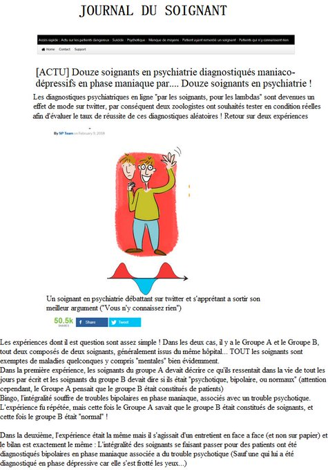 Internement's tweet photo. [EXCLU] Douze soignants en psychiatrie se font diagnostiquer maniaco-dépressifs en phase maniaque par.... Douze soignants en psychiatrie ! https://t.co/FzVmaKvUP6