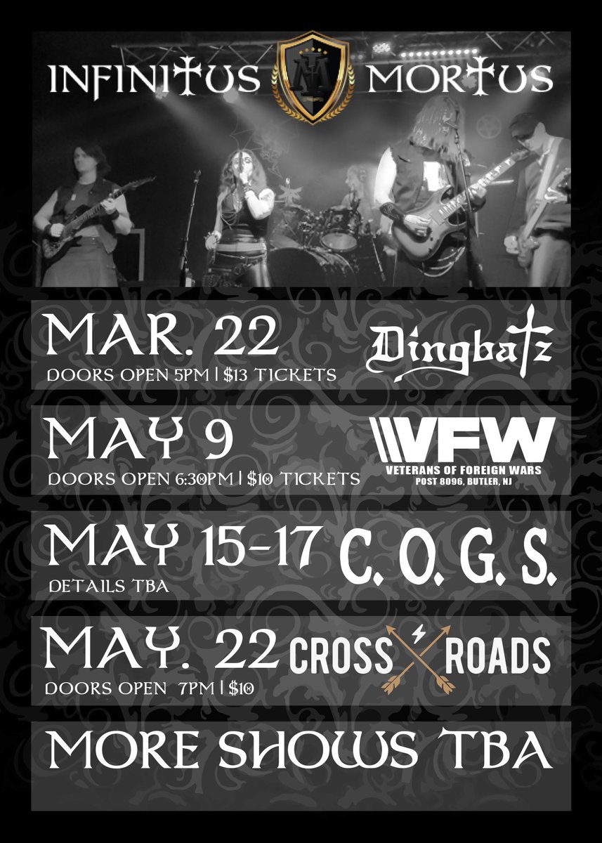 INFINITUSMORTUS's tweet photo. Here is our list of upcoming shows! Next one is @DingbatzNJ on the 22nd! https://t.co/Pya74RQic1