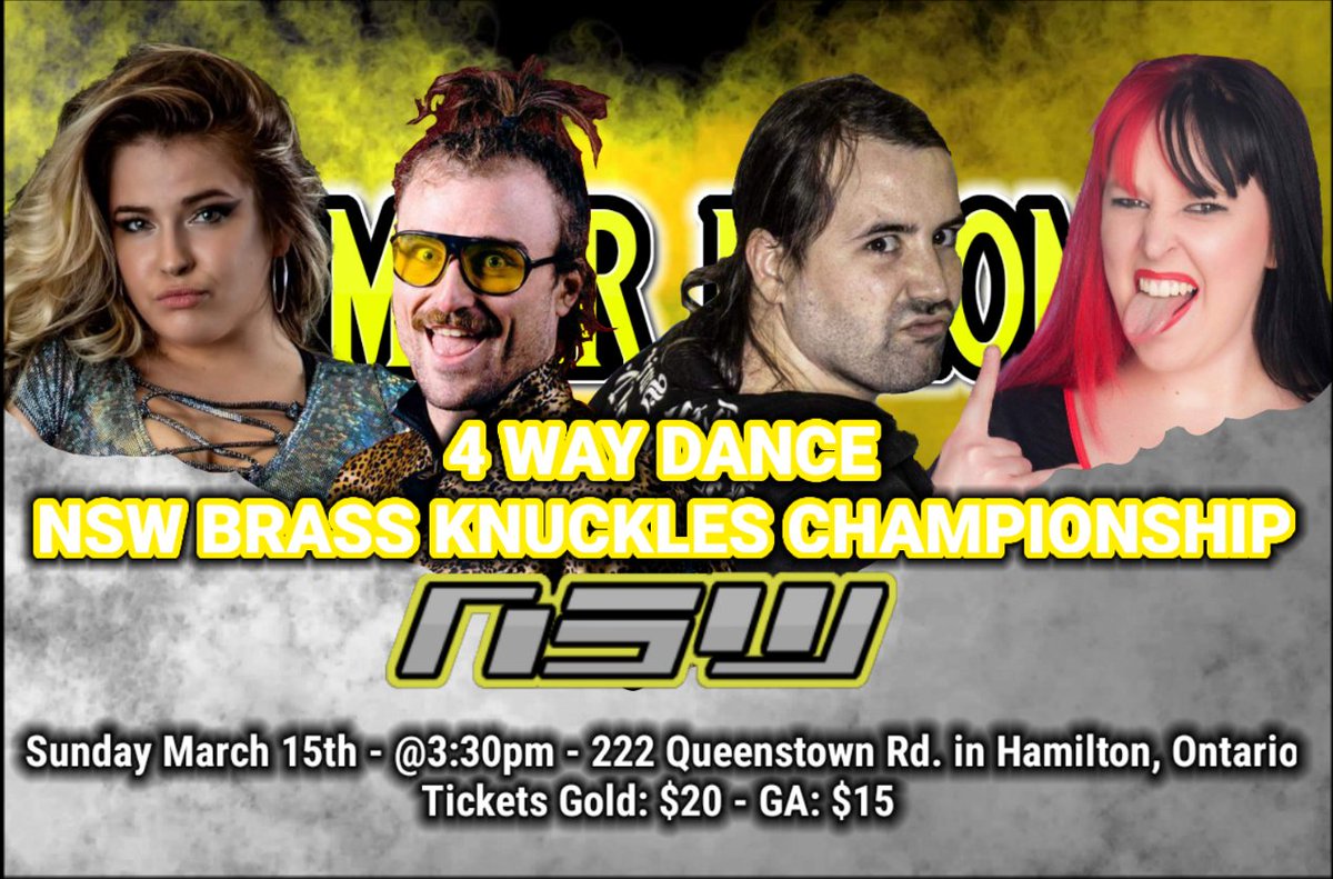 NSWisBACK's tweet photo. 🚨MATCH ANNOUNCEMENT 🚨 @ProWilldy Vs CC Moss Vs @recklessest08 Vs @Queenofhorrorsk in a #intergender #4WayDance for the #BrassKnucks #Championship
3/15 in #HamOnt@ 3:30pm
222 Queenston Rd https://t.co/5nexIVpKTQ