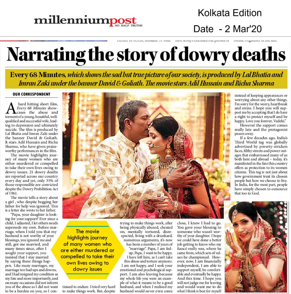 ImranZaki9's tweet photo. Thank you Millennium Post for the article for Every 68 minutes, first movie produced by us . https://t.co/gEL3L4ghGj