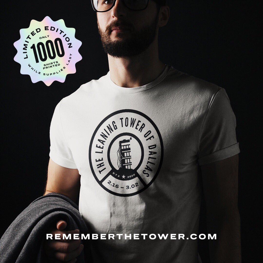 RememberTower's tweet image. The Leaning Tower of Dallas has fallen, but you can remember it with a limited-edition t-shirt. rememberthetower.com/product/the-le… #leaningtowerofdallas