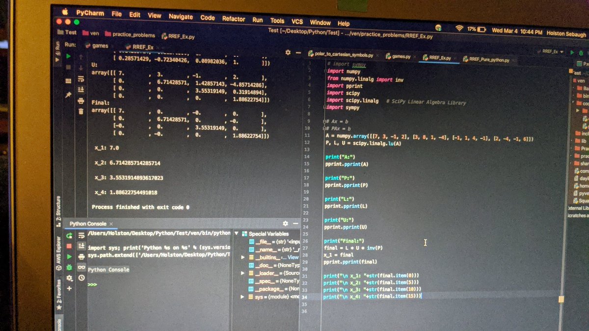 holston_sebaugh's tweet photo. Once we have a system of linear equations to fit a model we can solve for the x values of individual points by using LU decomposition and really begin to dissect our equations! #python #math3092 https://t.co/PrgPMS7GRI