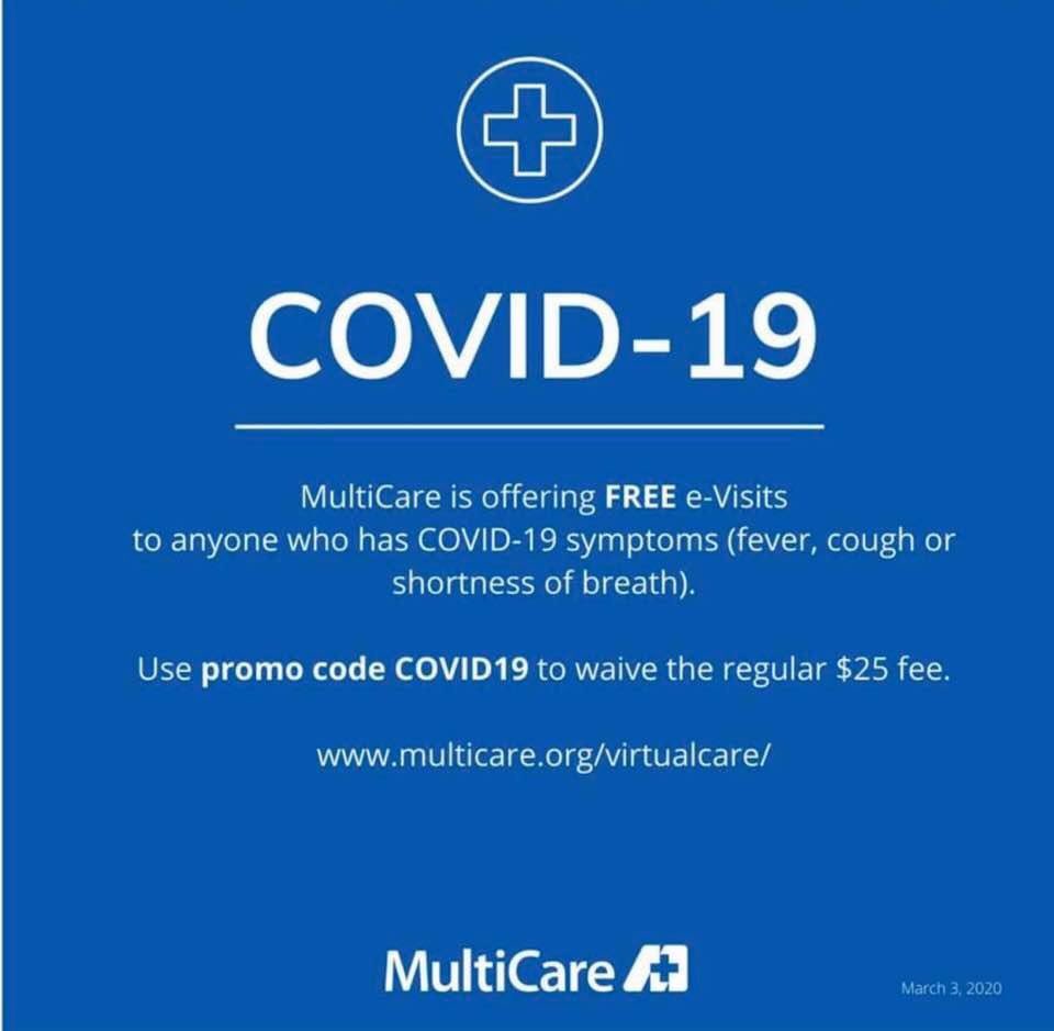 Piercefire14's tweet photo. @MultiCareHealth is offering free evisits for anyone with fever, cough or shortness of breath! If you have flu like symptoms please stay home unless there is a life threatening issue! #Covid_19 https://t.co/5r4X5GYbqp