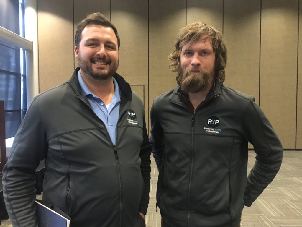 atbrady's tweet photo. Proud to have 2 @R_Y_P board members that not only #RepTheROC on this @ROC_2025 talent initiative, but also showed up repping RYP with their board SWAG! Thank you @jsayre74 and @Meowchickenfish for all you do for #ROC! https://t.co/tGReRRybOY