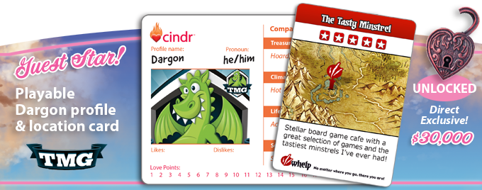 SmirkandDagger's tweet photo. What? Who is this? Do you recognize this fellow? We sure do! We're excited to welcome Dargon to Cindr from the realm of @TastyMinstrel 
Play as Dargon and help him find love in Cindr. Less than 48 hours remain! https://t.co/dut9AUvTAl #boardgames #idatedragons https://t.co/dHGTHkggof