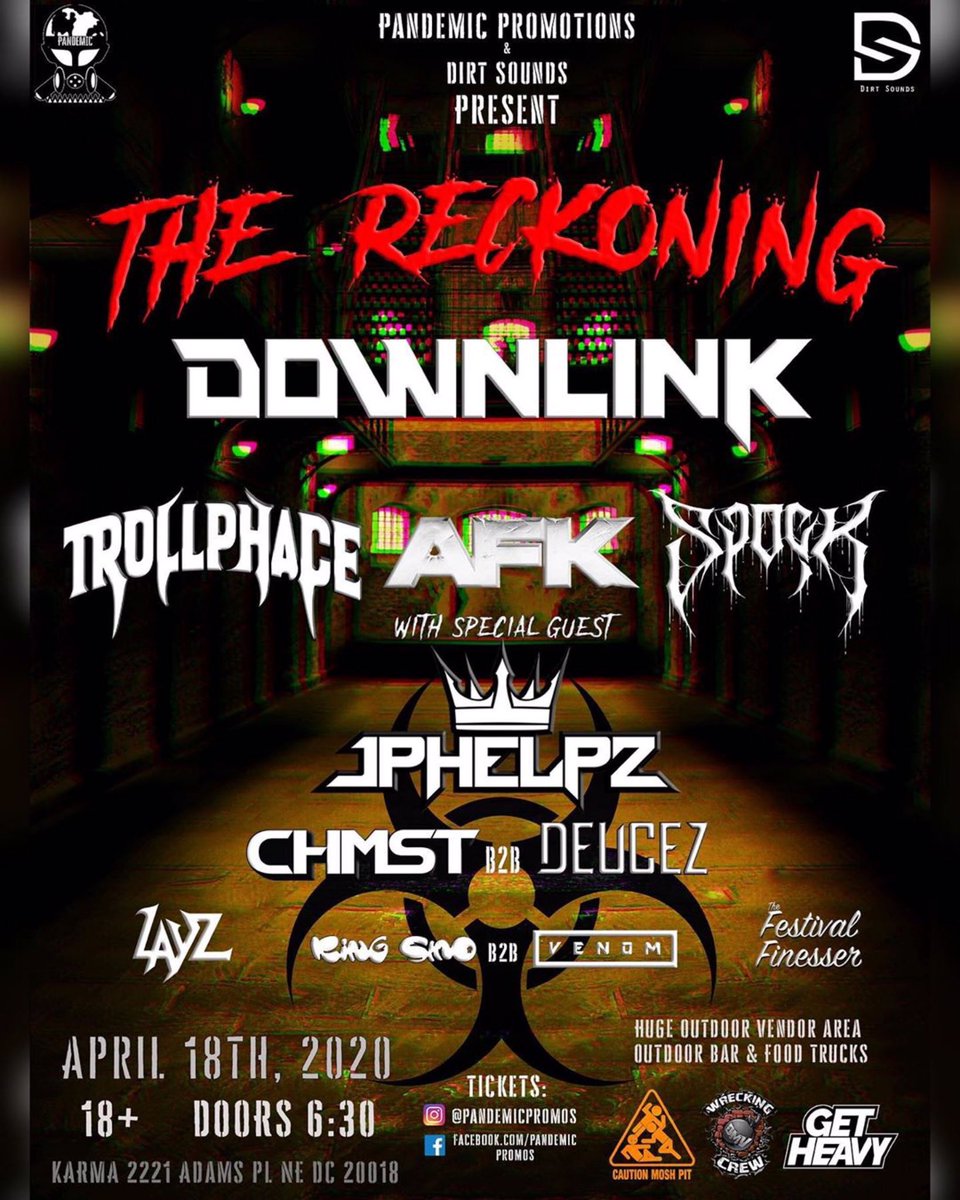 PatrickWalsh15's tweet photo. Hey everyone. On April 18th @Latertonightent artist @layzdubz will be opening for @downlinkmusic at “The Reckoning” at Karma in Washington DC. Doors open at 6:30 pm. Get your tickets for $24.00 at https://t.co/jWID4pr0Um.
#pandemicpromo #dustep #WashingtonDC #riddim #wook https://t.co/kEUiQSbmX4