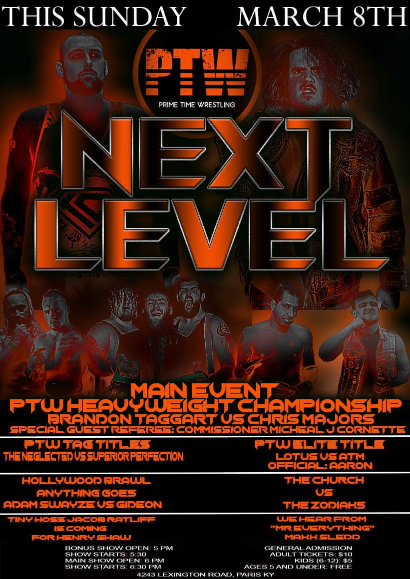 PTWrestling's tweet photo. Will @JacobRatliff20 take it to the NEXT LEVEL as he is goes after @TheHenryShaw?  Also, you will hear from @EverythingSledd! 

GOLD TIX SOLD OUT
SILVER TIX AVAILABLE!
DOORS FOR PRE-SHOW 5PM!
PRE-SHOW 5:30
MAIN CARD 6:30! 

NEED TIX?  MESSAGE US! #PTWPROUD #PTWNEXTLEVEL https://t.co/X8tgrmNMFA