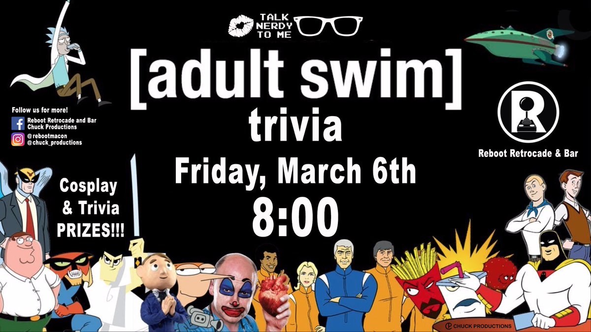 [adult swim] Trivia &amp; Cosplay night at <a href="/RebootMacon/">Reboot Macon</a> this Friday at 8! #adultswim #trivia #trivianight