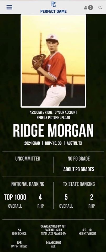 Diamond Baseball Club alum, Ridge Morgan, has been ranked by Perfect Game as the #4 right-handed pitcher in the nation and #2 in Texas for the class of 2024. ⚾️ 🔥