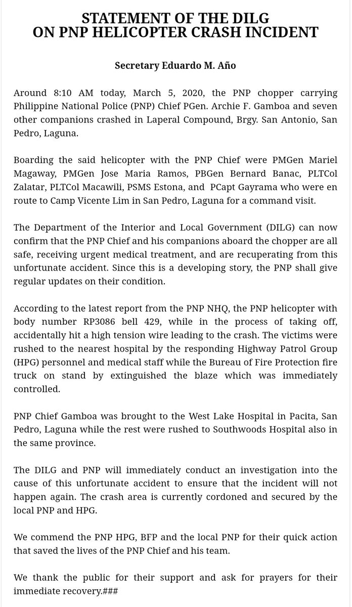 luisitosantos03's tweet photo. READ: Pahayag ni @DILGPhilippines Sec. Eduardo Año kaugnay sa pagbagsak ng helicopter na sinasakyan ni PNP Chief Archie Gamboa at 7 opisyal nito sa Laguna @dzbb https://t.co/qUIy713hZo