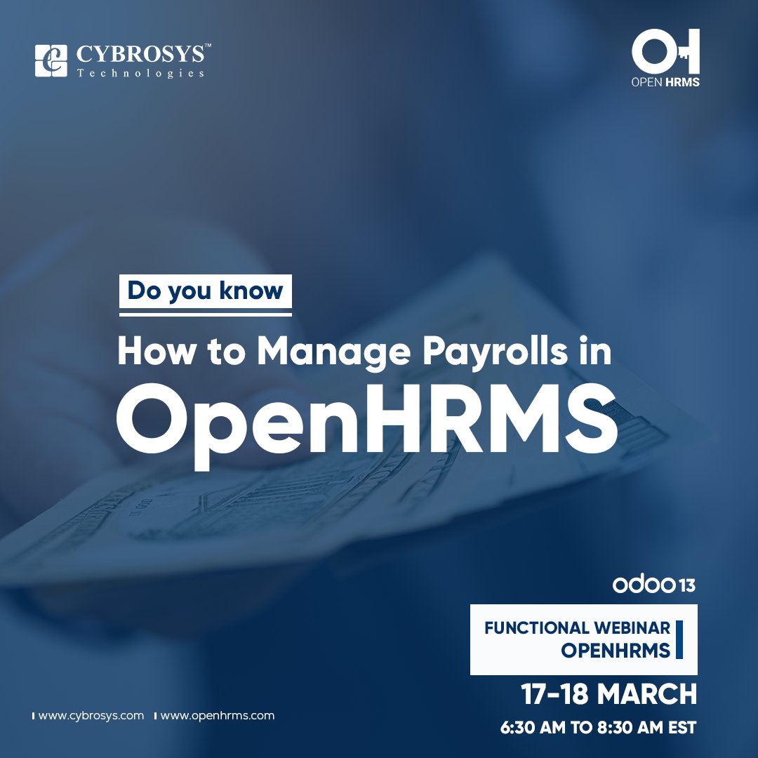 Openhrms's tweet image. The Odoo Functional Training equips the users with an in-depth understanding of various functionalities of the Open HRMS applications

Free Registration: bit.ly/openhrms-webin…

#odootraining #odoo2020 
#useodoo #hrsoftware #openhrmswebinar  #functionalodoowebinar #hrwebinar2020
