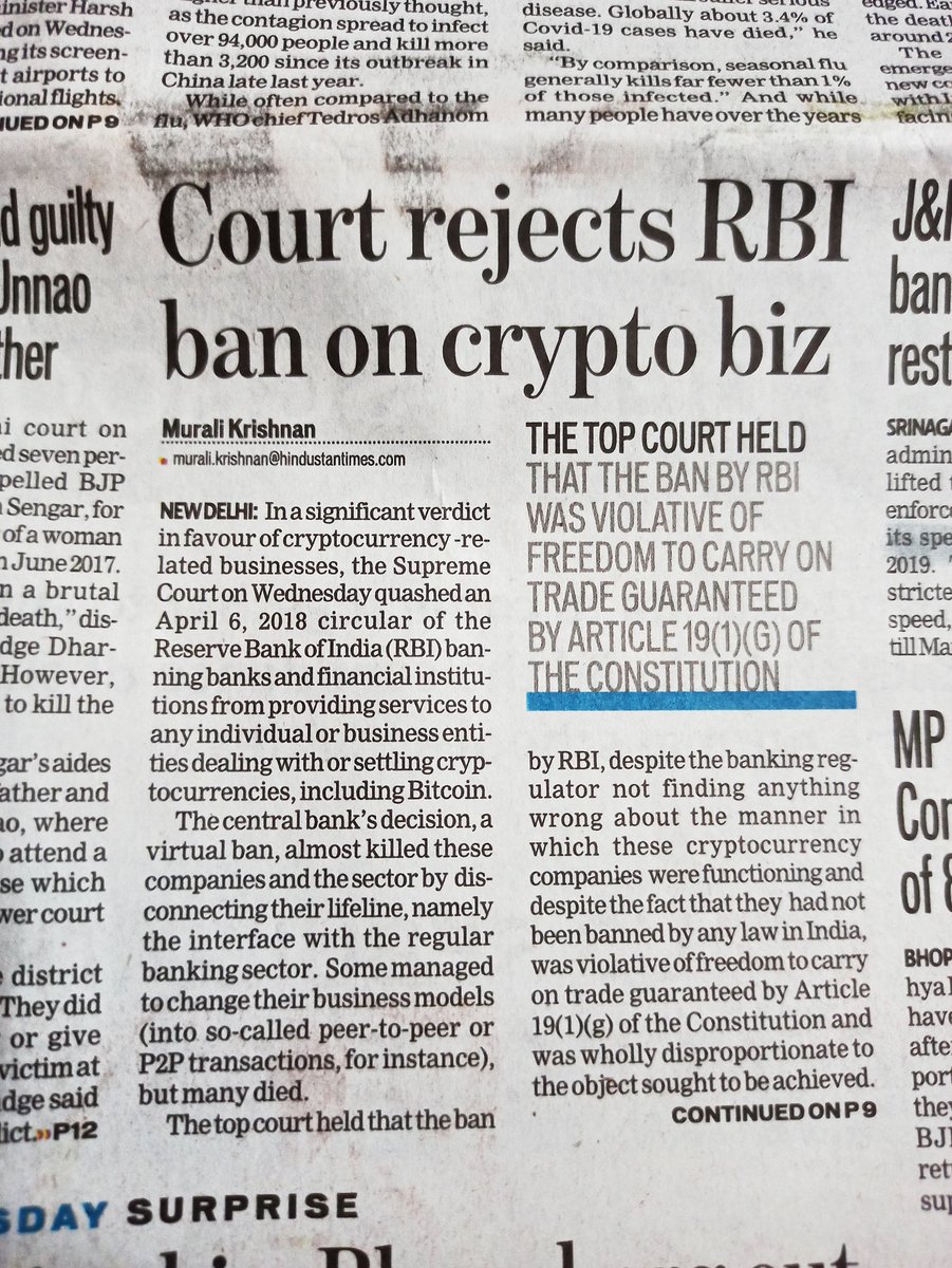 Court rejects RBI ban on #Crypto biz Front page news on Hindustan Times and  almost every newspaper covered this news today. #Bitcoin #BEI  #IndiaWelcomesCrypto